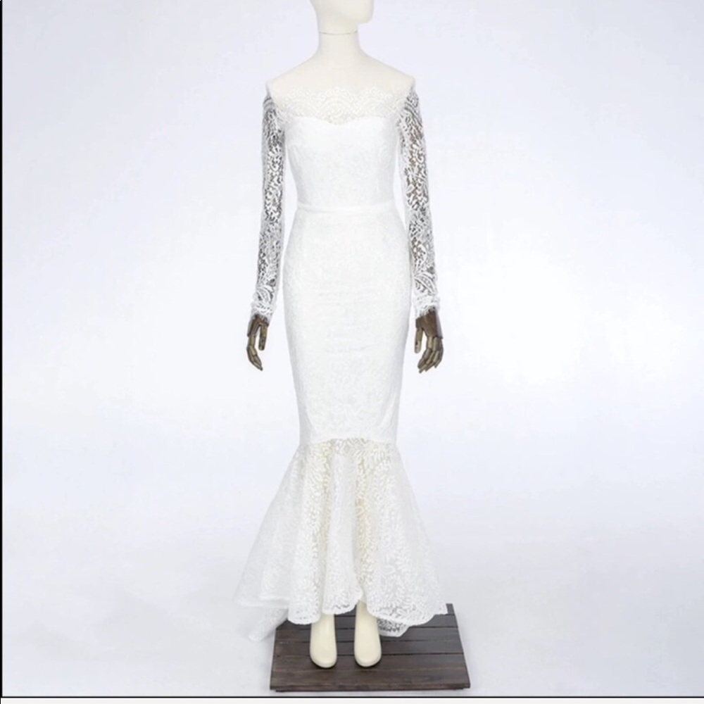 LAST 1! White Off Shoulder Mermaid Lace Dress - Picture 8 of 8